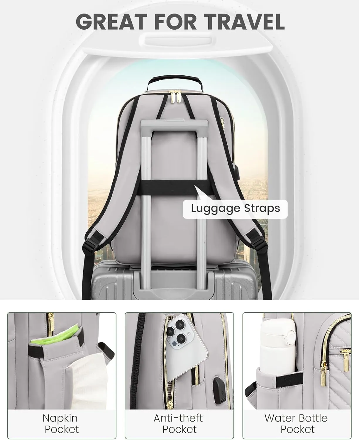 LOVEVOOK Laptop Backpack for Women, Travel Computer Work Bags with 17-inch Laptop Compartment, College School Student Bag Teen Backpacks For Girls, Outdoor Carry On Backpack Purse, Grey
