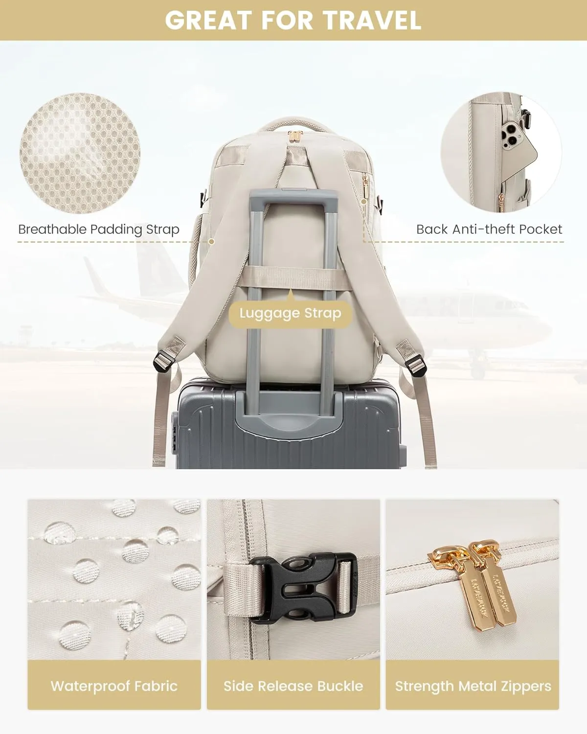 LOVEVOOK Large Travel Backpack for Women, TSA Carry on Backpack for Airplanes, 40L Personal Item Travel Bag fits 17" Laptop, Waterproof Carry on Bag Flight Approved with 4 Packing Cubes, Beige