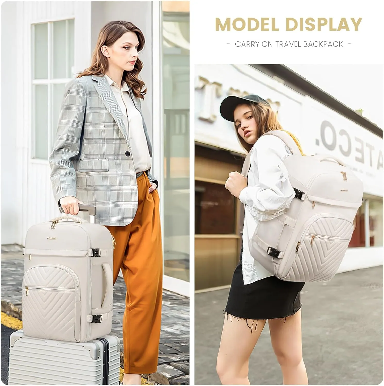 LOVEVOOK Large Travel Backpack for Women, TSA Carry on Backpack for Airplanes, 40L Personal Item Travel Bag fits 17" Laptop, Waterproof Carry on Bag Flight Approved with 4 Packing Cubes, Beige