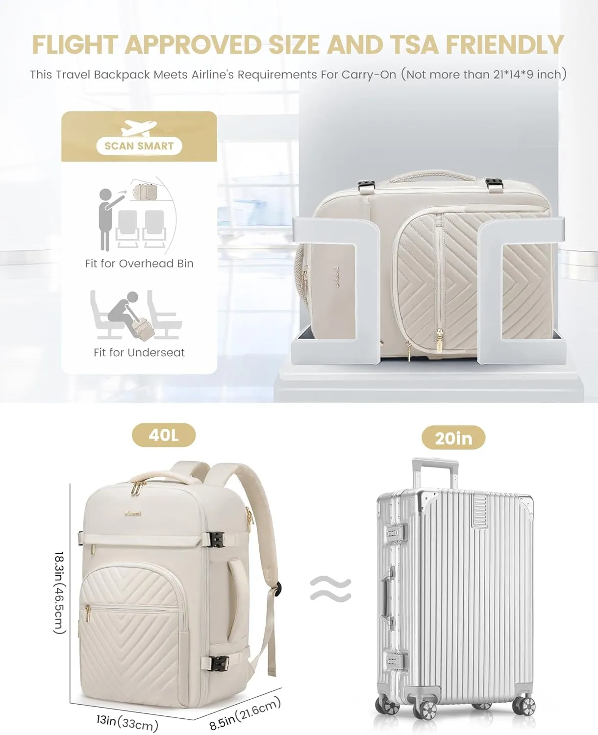 LOVEVOOK Large Travel Backpack for Women, TSA Carry on Backpack for Airplanes, 40L Personal Item Travel Bag fits 17" Laptop, Waterproof Carry on Bag Flight Approved with 4 Packing Cubes, Beige