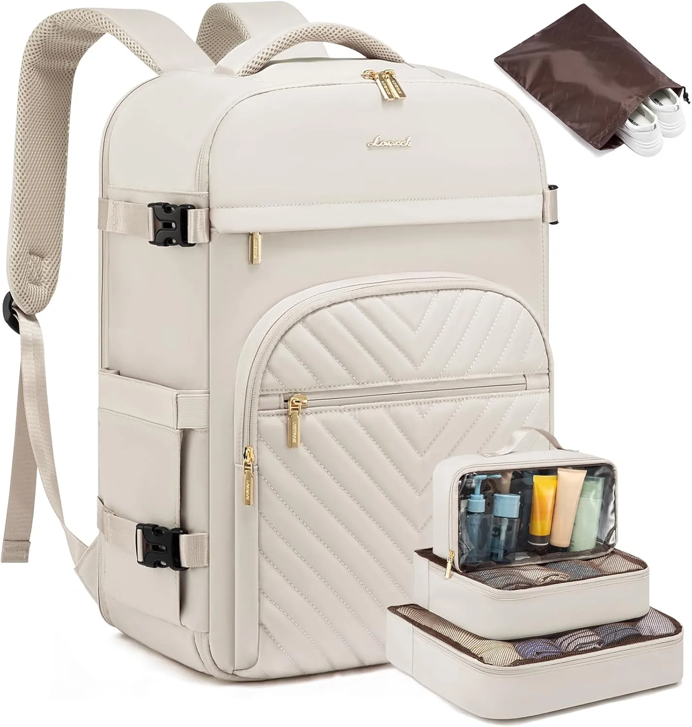 LOVEVOOK Large Travel Backpack for Women, TSA Carry on Backpack for Airplanes, 40L Personal Item Travel Bag fits 17" Laptop, Waterproof Carry on Bag Flight Approved with 4 Packing Cubes, Beige