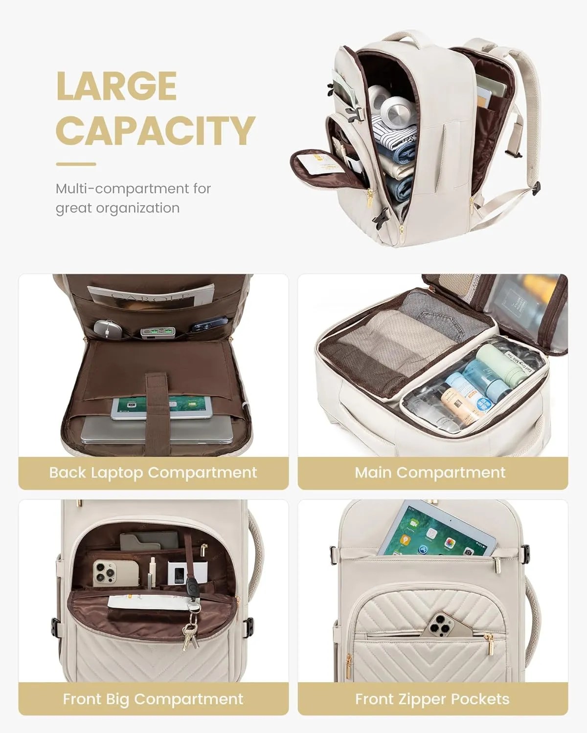 LOVEVOOK Large Travel Backpack for Women, TSA Carry on Backpack for Airplanes, 40L Personal Item Travel Bag fits 17" Laptop, Waterproof Carry on Bag Flight Approved with 4 Packing Cubes, Beige