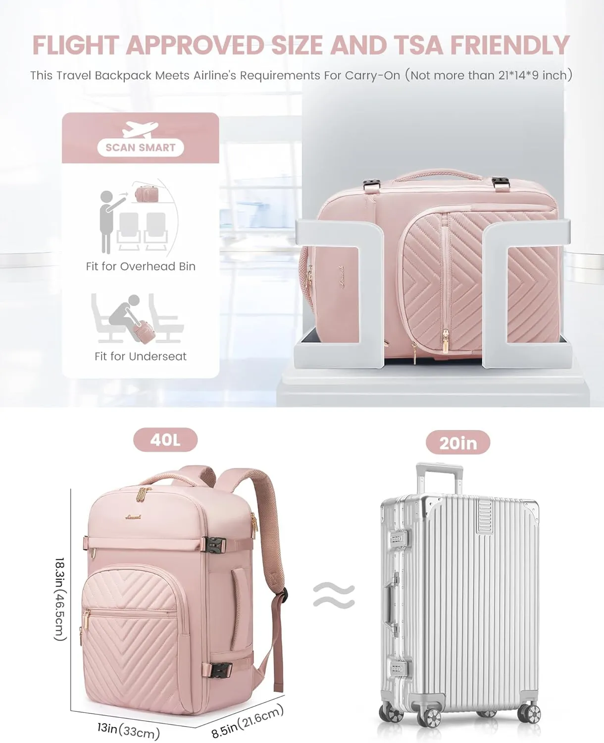 LOVEVOOK Large Travel Backpack for Women, TSA Carry on Backpack for Airplanes, 40L Personal Item Travel Bag fits 17" Laptop, Waterproof Carry on Bag Flight Approved with 4 Packing Cubes, Pink