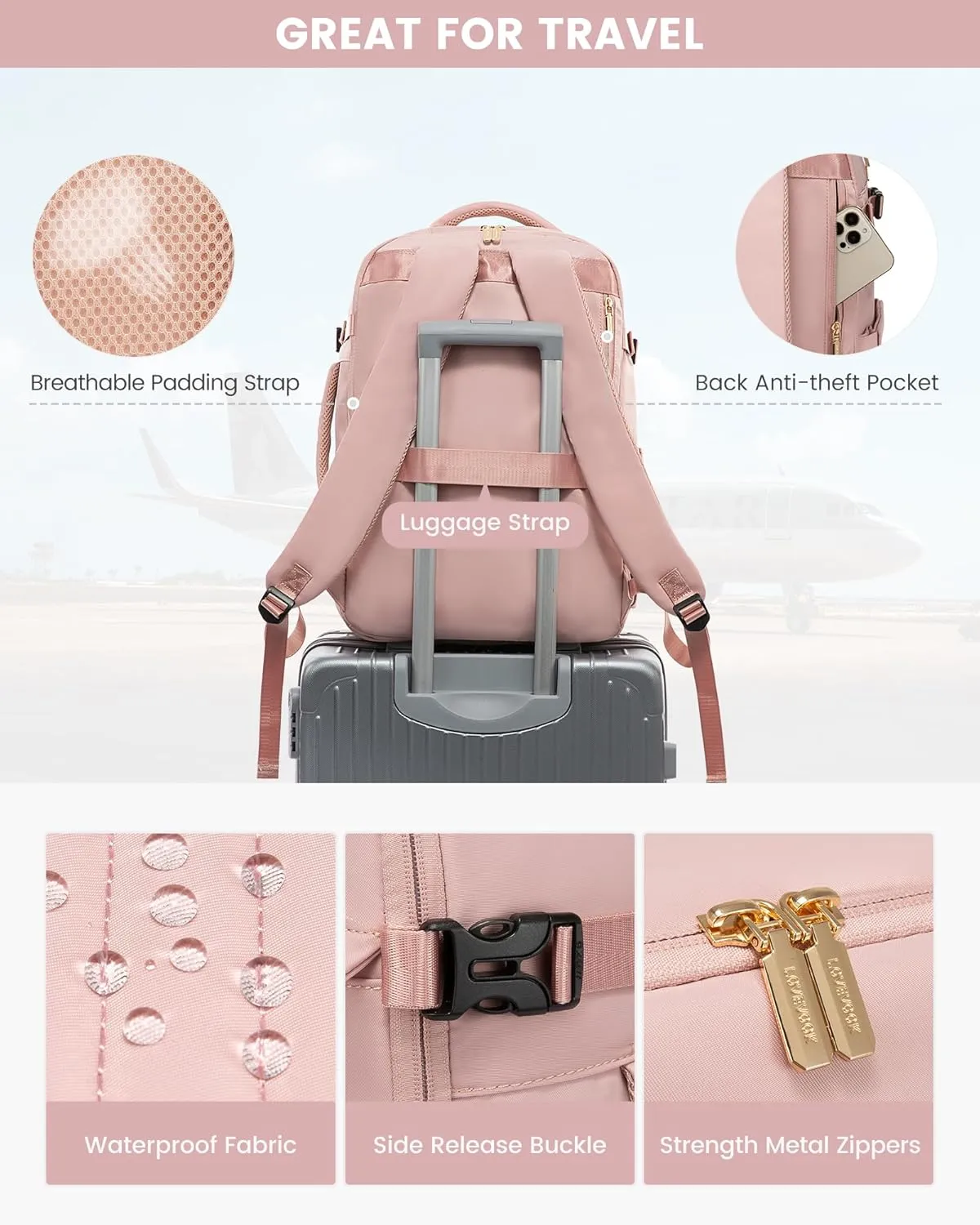 LOVEVOOK Large Travel Backpack for Women, TSA Carry on Backpack for Airplanes, 40L Personal Item Travel Bag fits 17" Laptop, Waterproof Carry on Bag Flight Approved with 4 Packing Cubes, Pink