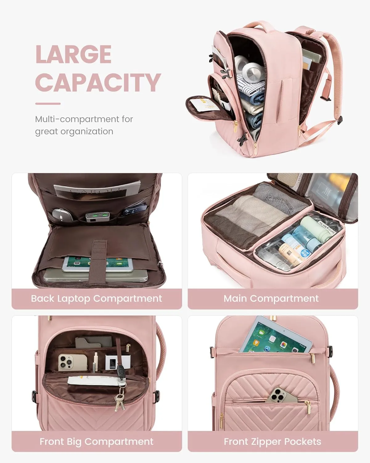 LOVEVOOK Large Travel Backpack for Women, TSA Carry on Backpack for Airplanes, 40L Personal Item Travel Bag fits 17" Laptop, Waterproof Carry on Bag Flight Approved with 4 Packing Cubes, Pink