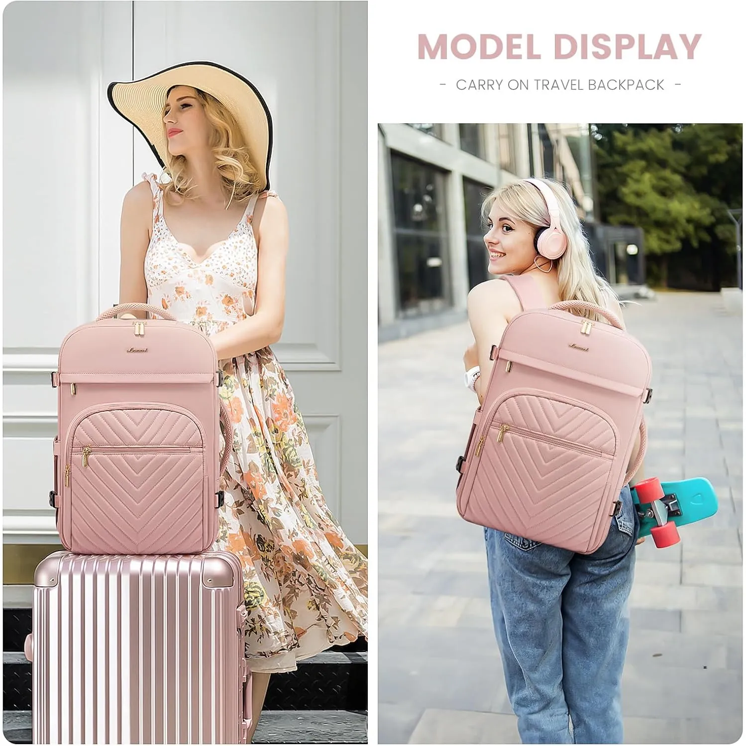 LOVEVOOK Large Travel Backpack for Women, TSA Carry on Backpack for Airplanes, 40L Personal Item Travel Bag fits 17" Laptop, Waterproof Carry on Bag Flight Approved with 4 Packing Cubes, Pink