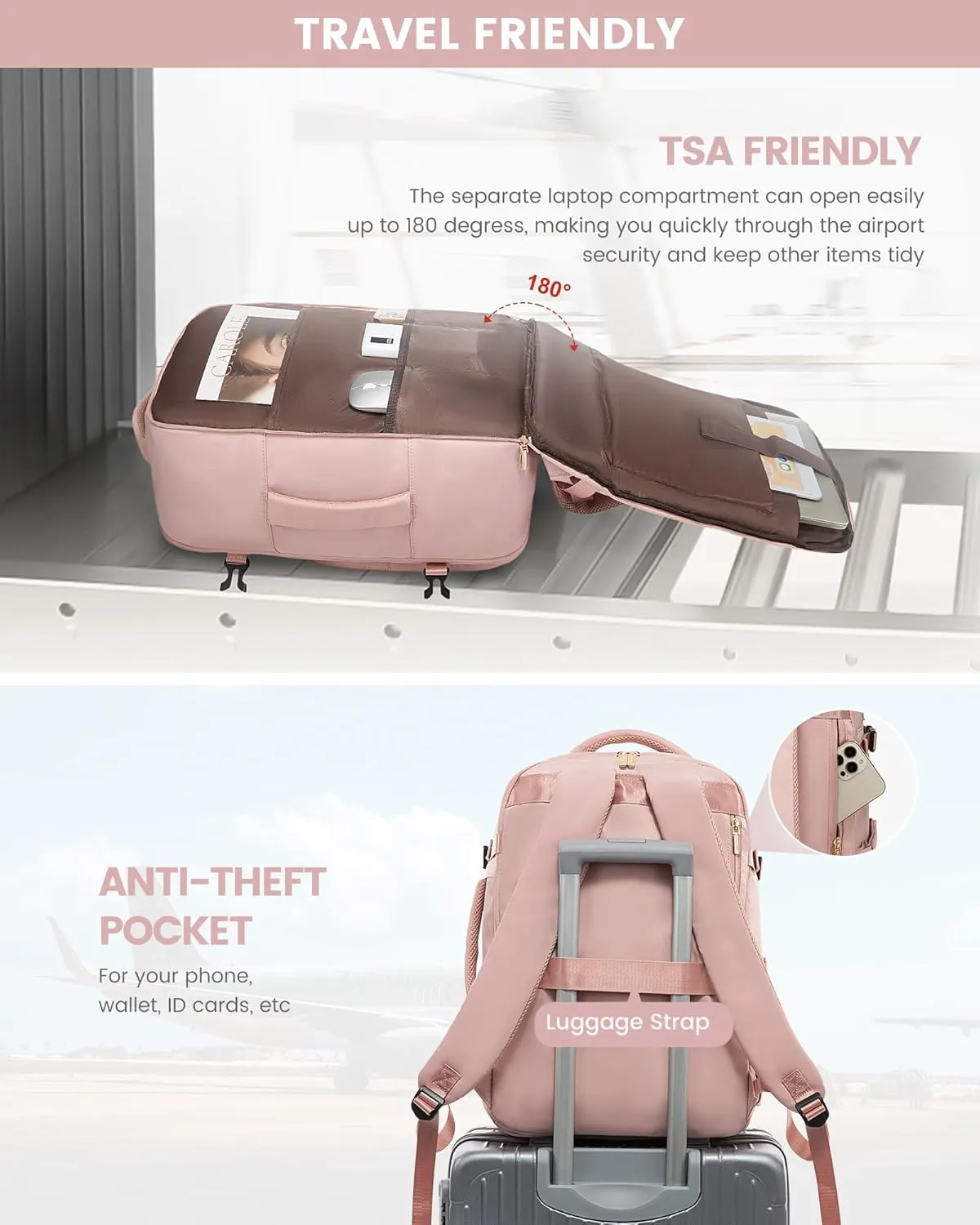 LOVEVOOK Large Travel Backpack for Women, TSA Carry on Backpack for Airplanes, 40L Personal Item Travel Bag fits 17" Laptop, Waterproof Carry on Bag Flight Approved with 4 Packing Cubes, Pink