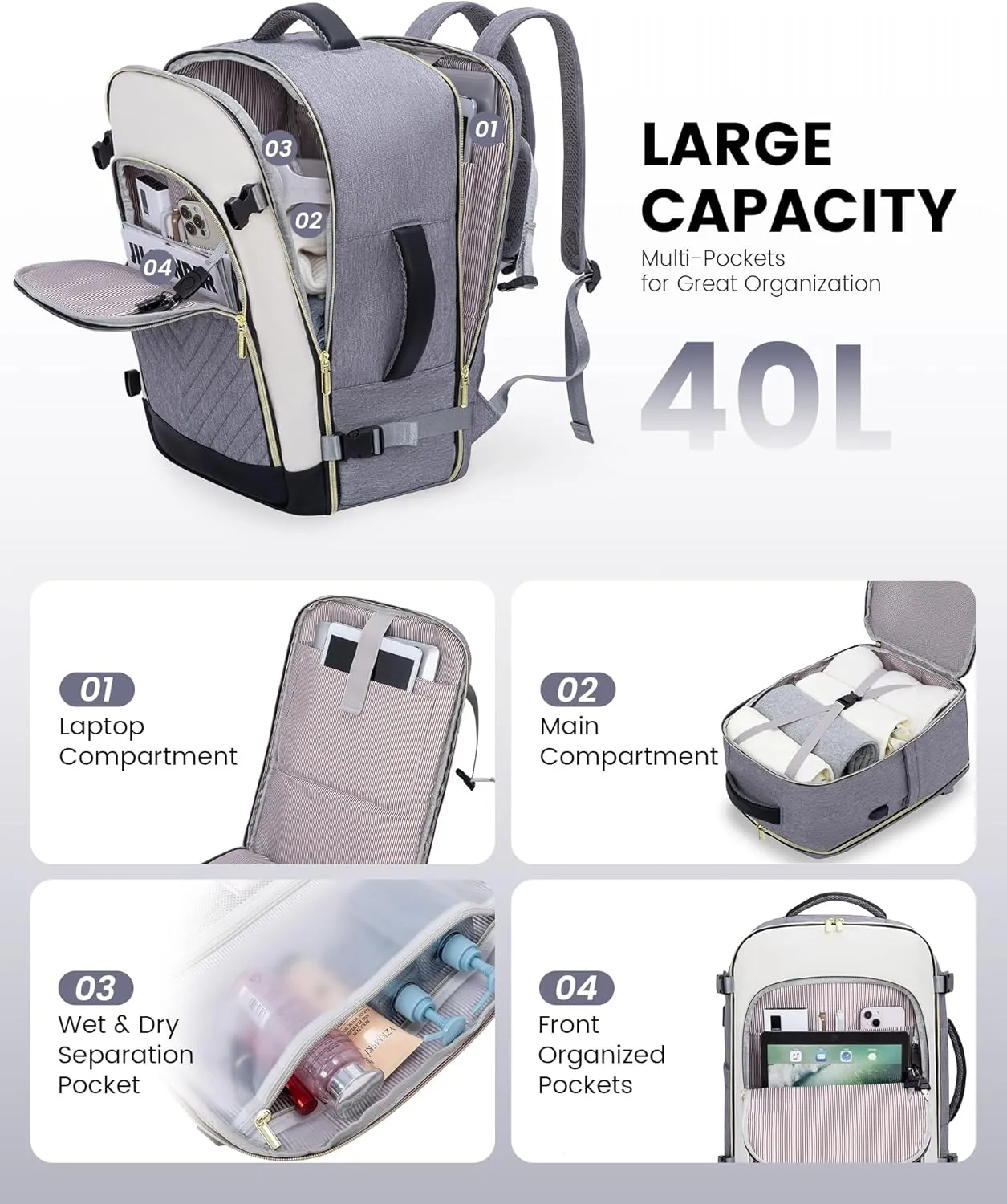 LOVEVOOK Large Travel Backpack for Women, TSA Carry on Backpack for Airplanes, 40L Personal Item Travel Bag for Women fits 17" Laptop,Waterproof Carry on Bag Airplane Approved with 3 Packing Cubes