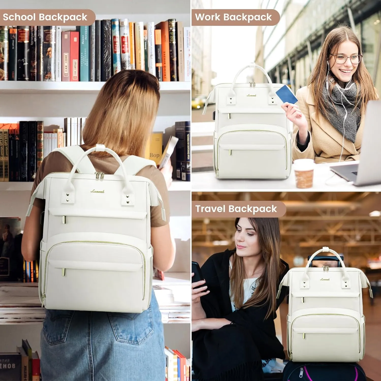 LOVEVOOK Leather Laptop Backpack for Women 17 inch,Travel Backpacks Purse Nurse Teacher Backpack Computer Laptop Bag,Professional College Business Work Bags Carry On Backpack with USB Port,Beige White