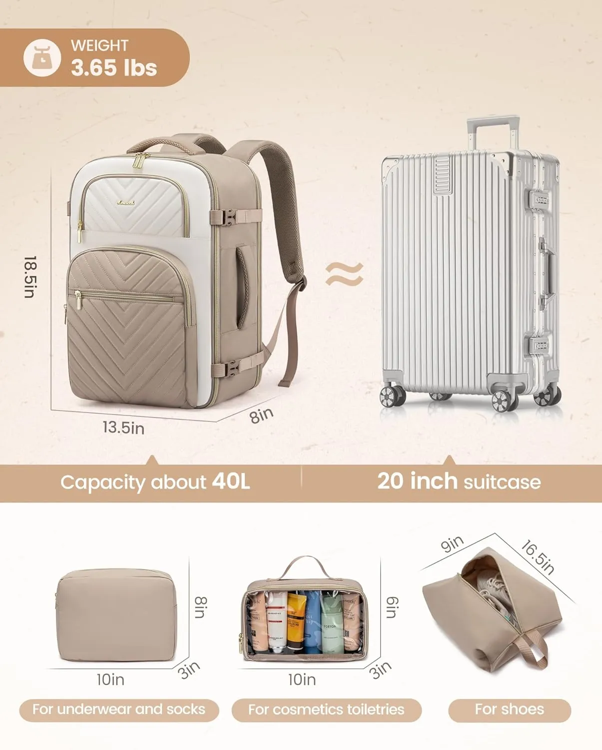 LOVEVOOK Travel Backpack Carry on Flight Approved 40L,Waterproof TSA Travel Essentials Personal Item Backpack for Women Men,Large Carry on Luggage Suitcase Travel Bag for Airplane with 3 Packing Cubes