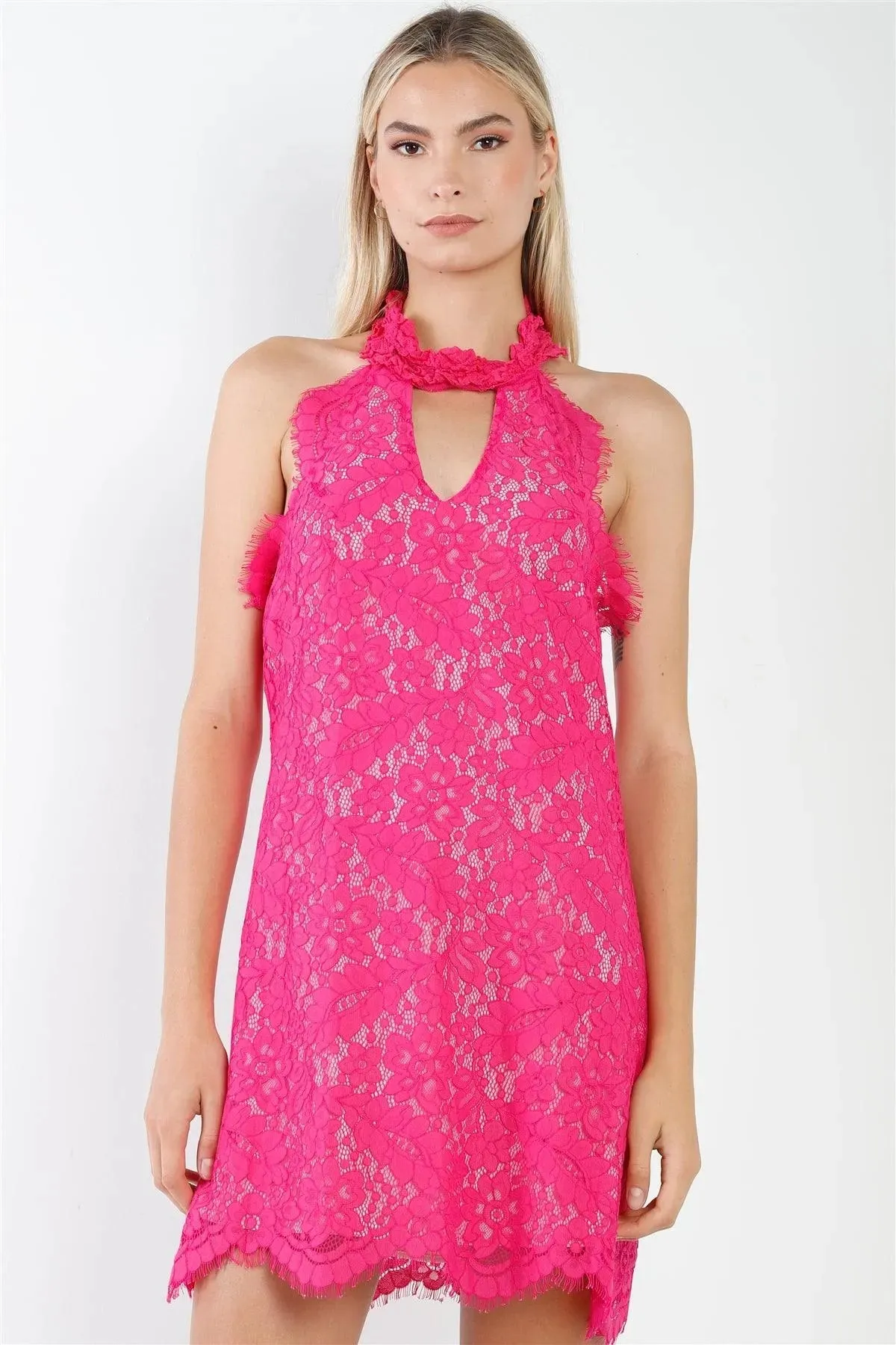 Magenta Crochet Embroidery Halter Neck Sleeveless Cut-Out Detail Mini Dress /1-2-2-1