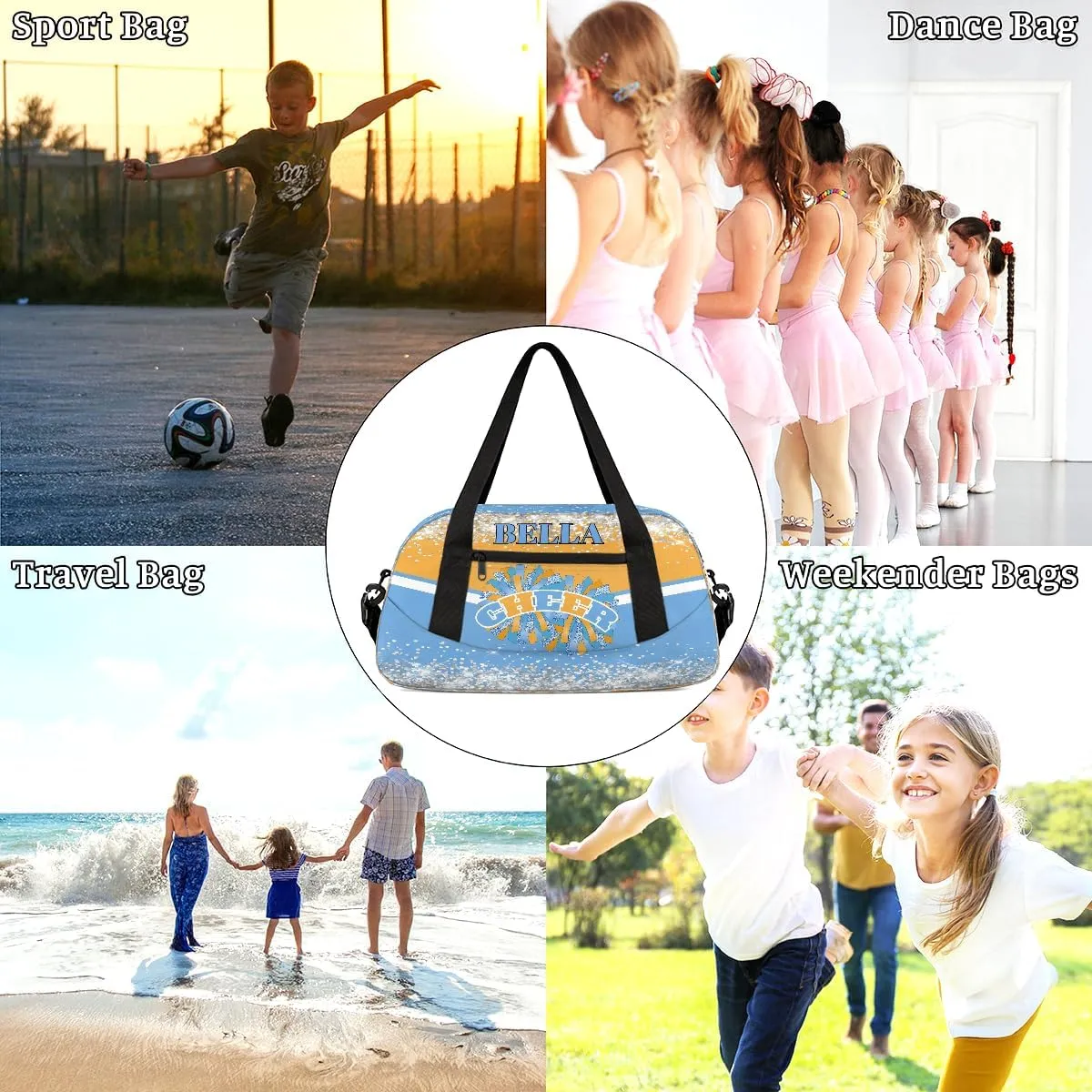 Personalized Cheer Bags for Cheerleaders Custom Cheer Bag for Girls Blue Orange Glitter Kids Travel Duffel Sport Gym Bag School Practice Dance Bag