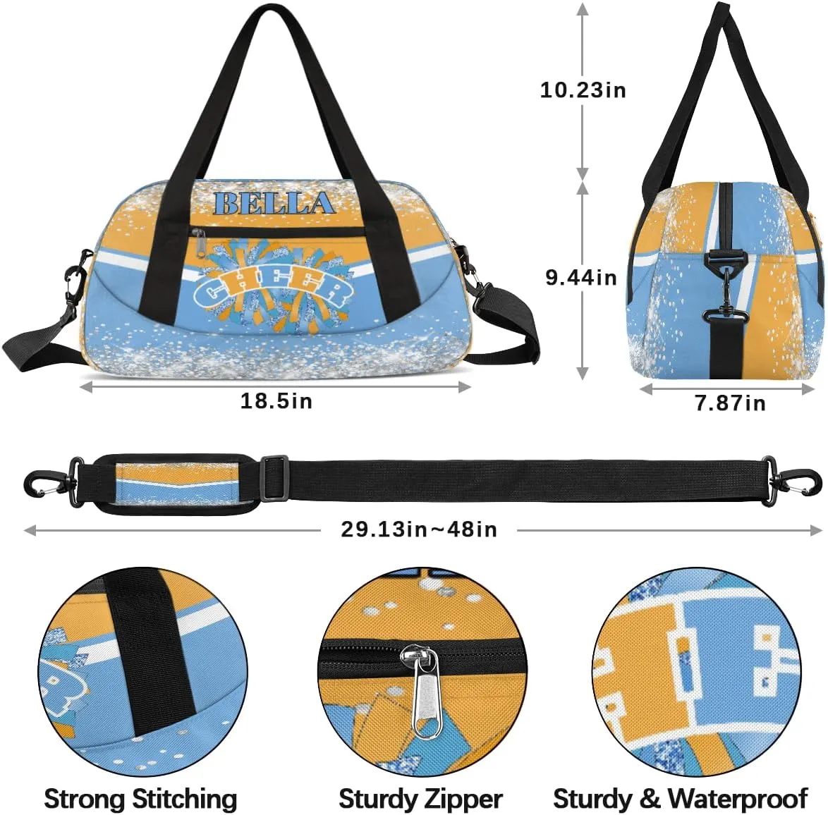 Personalized Cheer Bags for Cheerleaders Custom Cheer Bag for Girls Blue Orange Glitter Kids Travel Duffel Sport Gym Bag School Practice Dance Bag