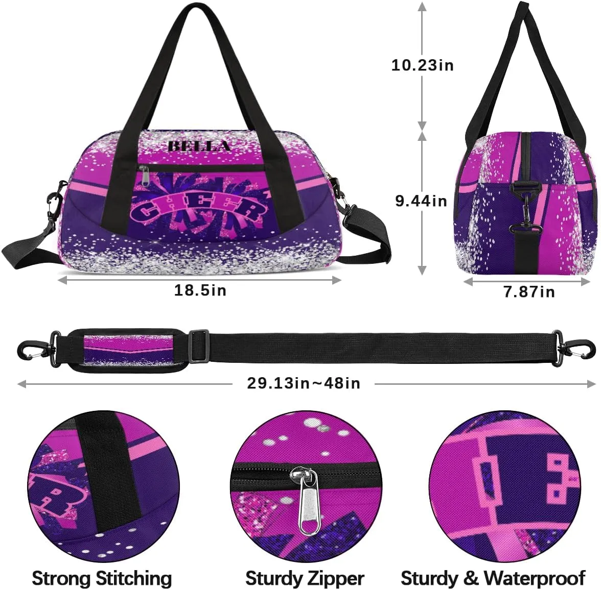 Personalized Cheer Bags for Cheerleaders Custom Cheer Bag for Girls Dark Purple Pink Glitter Kids Travel Duffel Sport Gym Bag School Practice Dance Bag