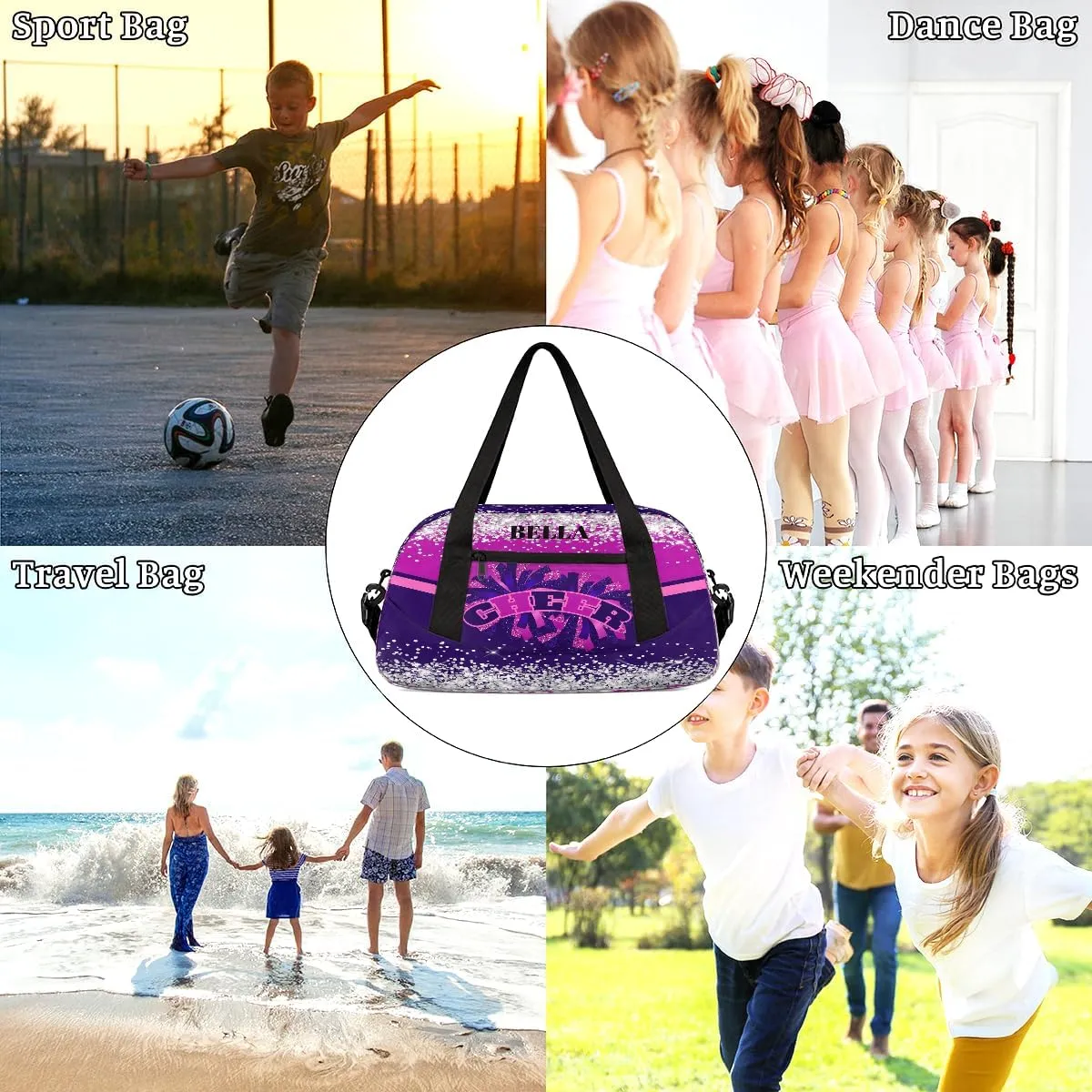 Personalized Cheer Bags for Cheerleaders Custom Cheer Bag for Girls Dark Purple Pink Glitter Kids Travel Duffel Sport Gym Bag School Practice Dance Bag