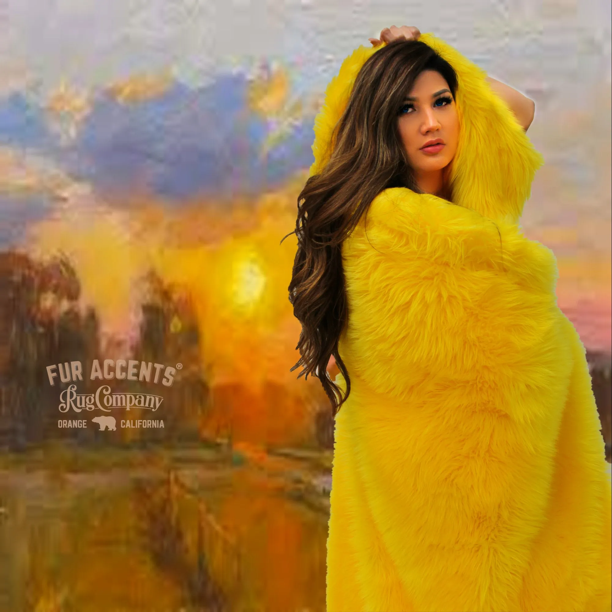 Plush  Faux Fur Throw Blanket,  Bedspread, Soft, Bright Yellow Shag, Luxury Fur - Minky Cuddle Fur Lining Fur Accents USA