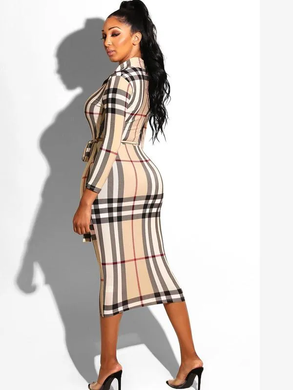 Printed Zip Belt Sexy Plaid Bodycon Dress