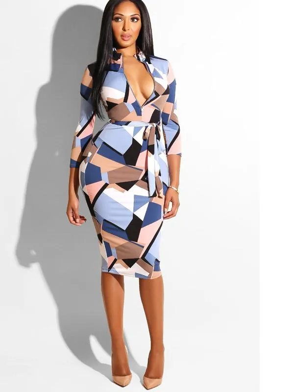Printed Zip Belt Sexy Plaid Bodycon Dress