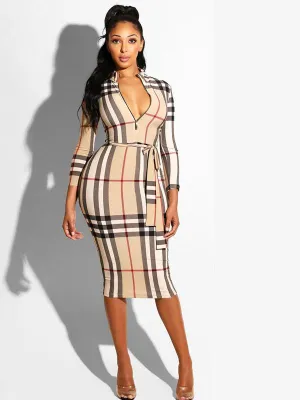 Printed Zip Belt Sexy Plaid Bodycon Dress