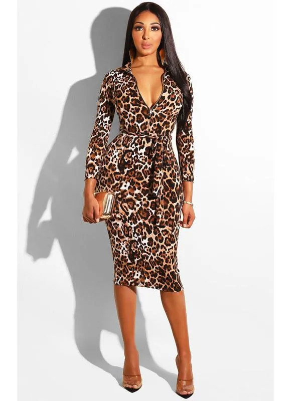Printed Zip Belt Sexy Plaid Bodycon Dress