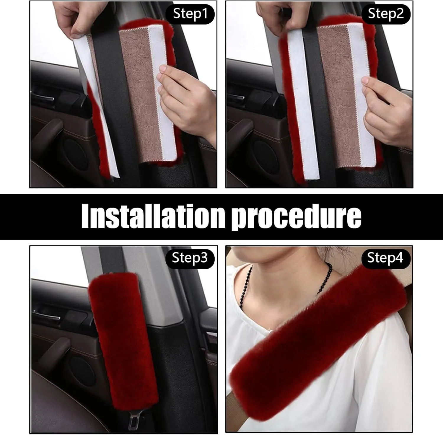 QODOLSI Pack-2 Car Seat Belt Pads, Fluffy Shoulder Pads, Self-Adhesive Auto Protective Pads, Soft Faux Rabbit Plush Pads, Backpack Strap Cover, Universal for Most Cars, Trucks, SUVs (Black)