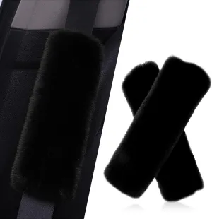 QODOLSI Pack-2 Car Seat Belt Pads, Fluffy Shoulder Pads, Self-Adhesive Auto Protective Pads, Soft Faux Rabbit Plush Pads, Backpack Strap Cover, Universal for Most Cars, Trucks, SUVs (Black)