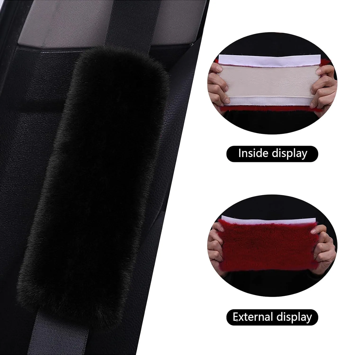 QODOLSI Pack-2 Car Seat Belt Pads, Fluffy Shoulder Pads, Self-Adhesive Auto Protective Pads, Soft Faux Rabbit Plush Pads, Backpack Strap Cover, Universal for Most Cars, Trucks, SUVs (Black)