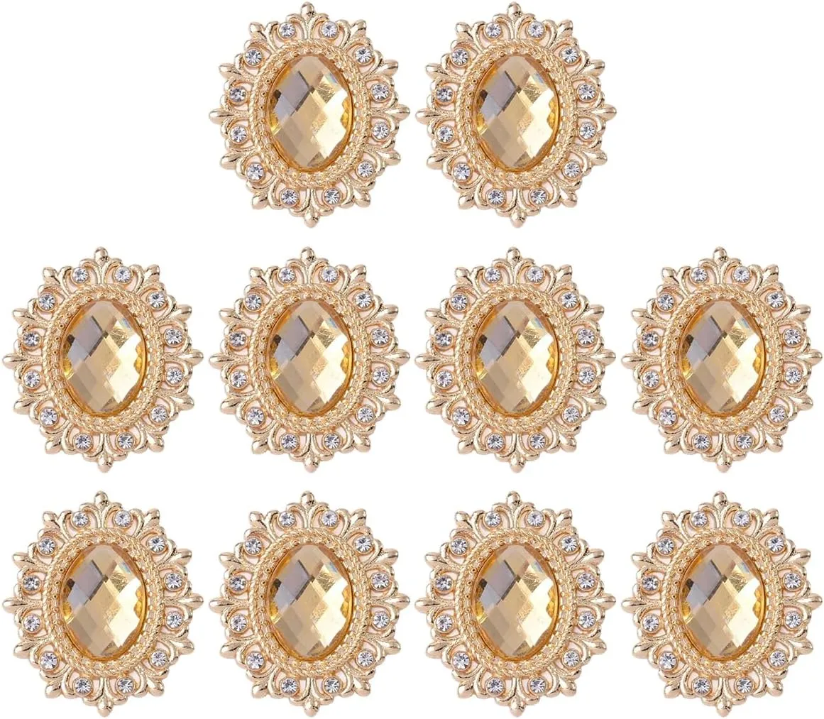 Queenbox 0.9x1.1in 10PCS Flower Pattern Glass Rhinestones, Shiny Crystal Gems Flatback Metal Base for Jewelry Clothing Hair Shoe Hat Bag Belt, Champagne