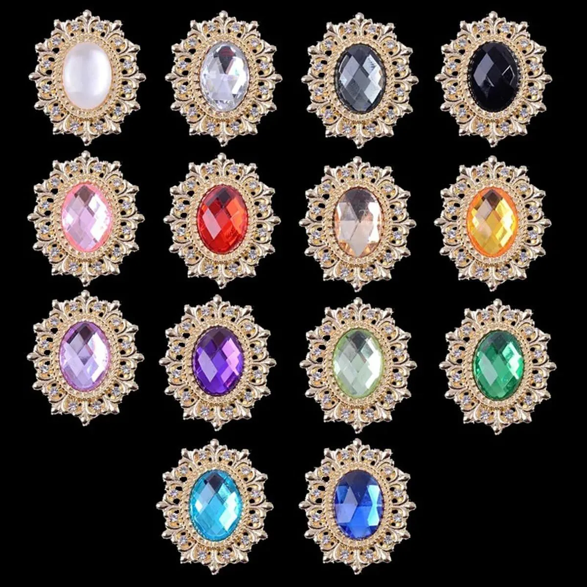 Queenbox 0.9x1.1in 10PCS Flower Pattern Glass Rhinestones, Shiny Crystal Gems Flatback Metal Base for Jewelry Clothing Hair Shoe Hat Bag Belt, Champagne