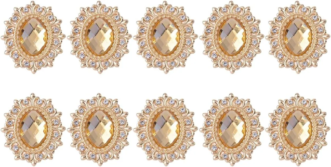 Queenbox 0.9x1.1in 10PCS Flower Pattern Glass Rhinestones, Shiny Crystal Gems Flatback Metal Base for Jewelry Clothing Hair Shoe Hat Bag Belt, Champagne