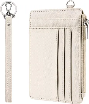 SEAVILIA Small Wallet for Women Slim Wristlet Keychain Wallets RFID Credit Card Holder With Zipper Pocket, ID Window (Beige)