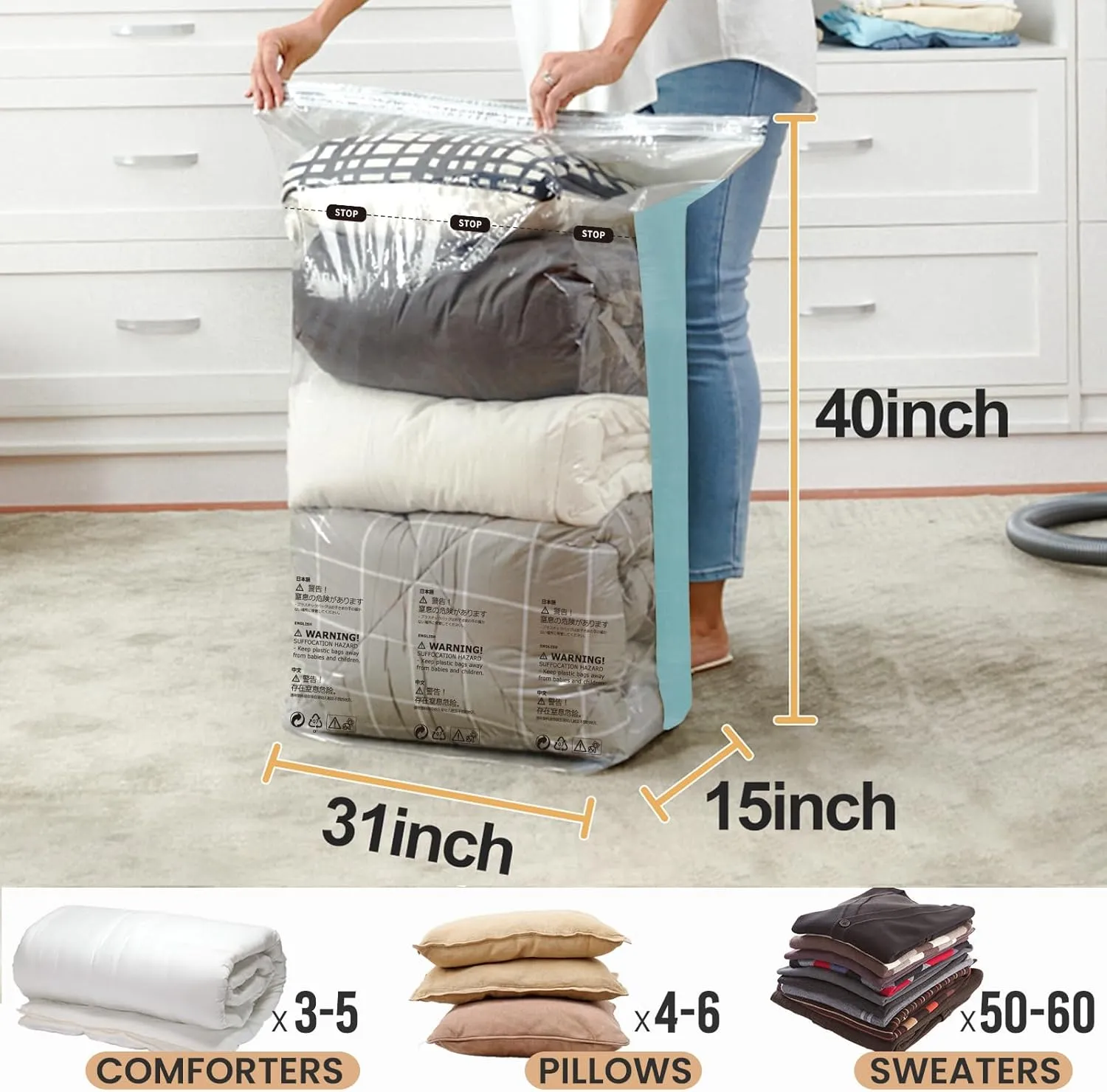 TAILI 6 Pack Vacuum Storage Bags, Jumbo Cube (31x40x15 Inch), Large Vacuum Seal Bags for Clothing, Comforters, Blankets, Bedding, Closet Storage and Organization, Forest Green