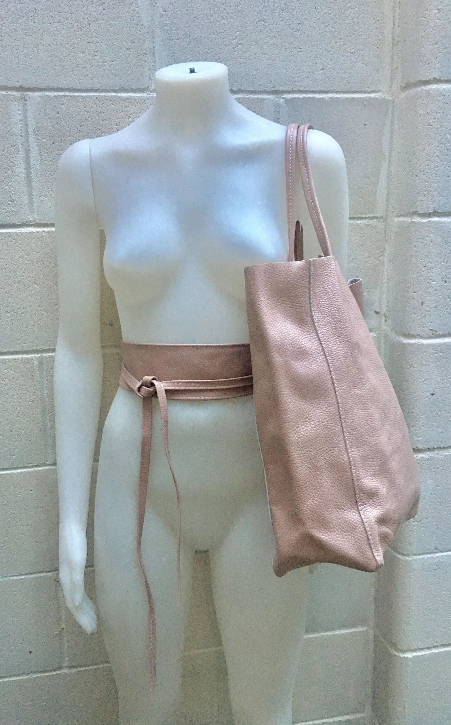 Tote leather bag in PINK with belt. Soft natural GENUINE leather bag   belt set. Large brown leather shopper. Computer, tablet or Laptop bag