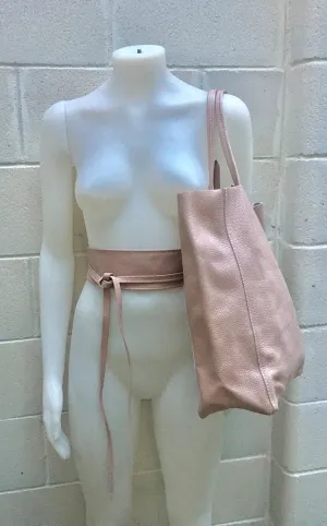 Tote leather bag in PINK with belt. Soft natural GENUINE leather bag   belt set. Large brown leather shopper. Computer, tablet or Laptop bag