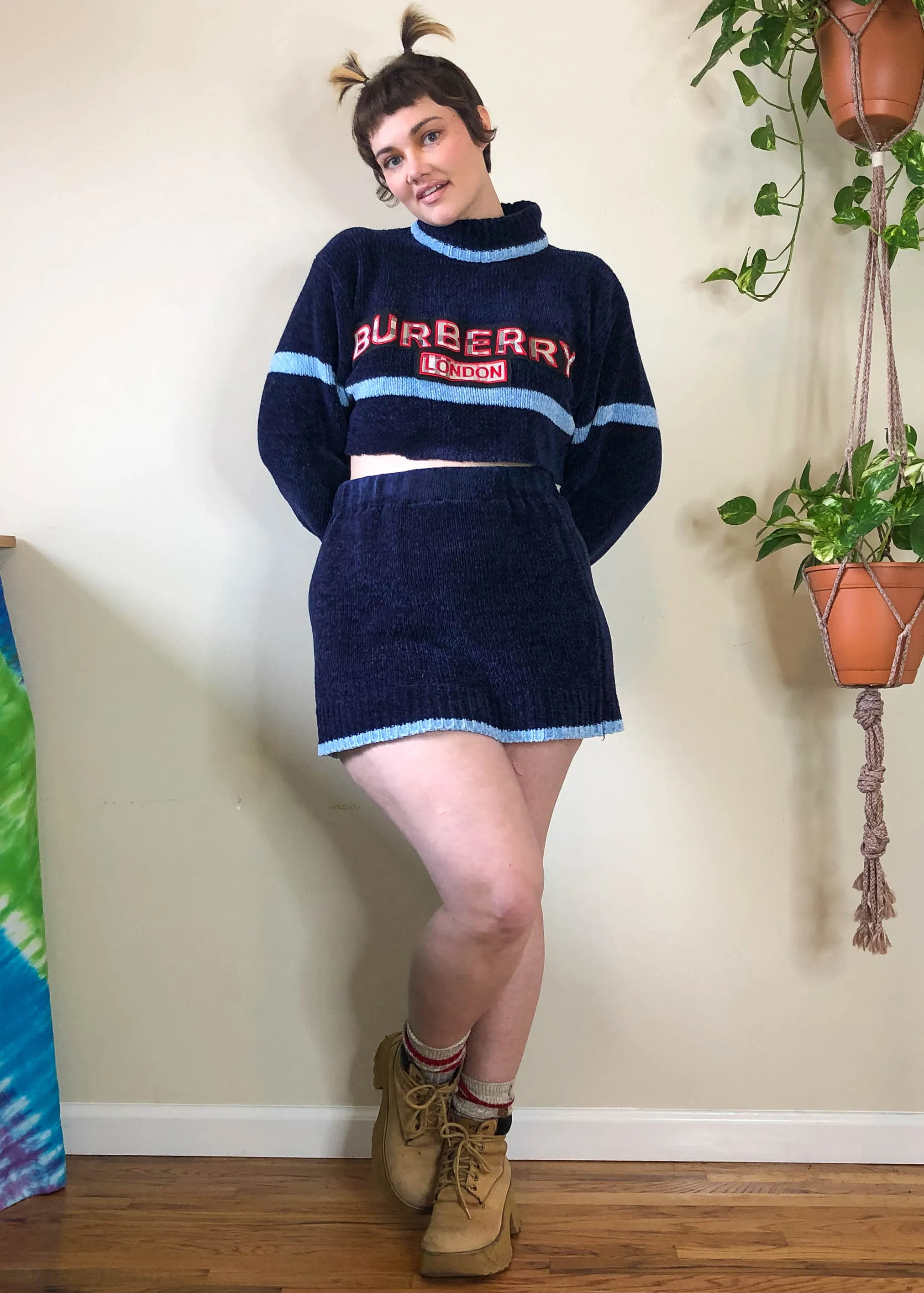 Vintage Knock-Off Burberry Chenille Skirt & Sweater Set - XL/2X