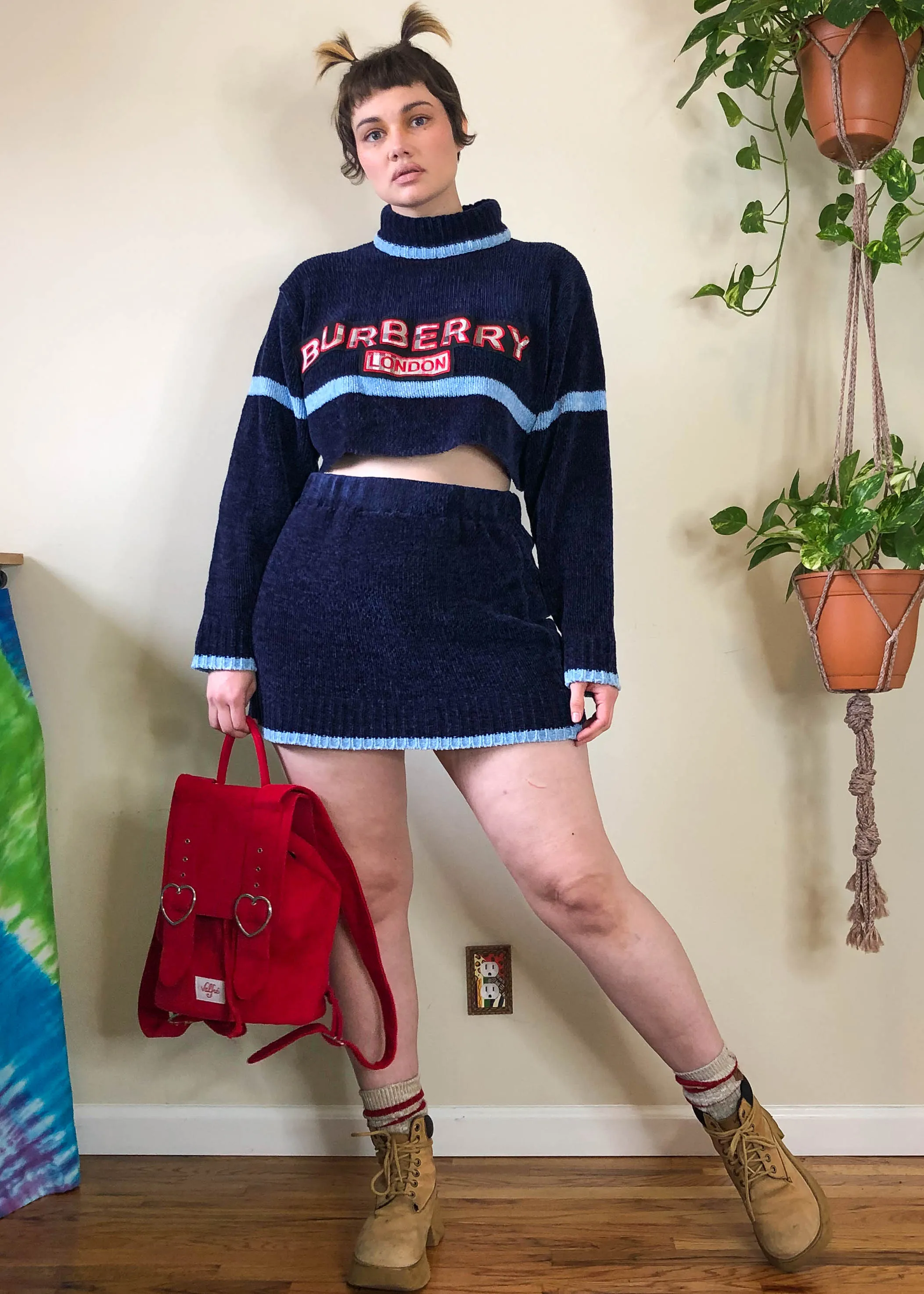 Vintage Knock-Off Burberry Chenille Skirt & Sweater Set - XL/2X