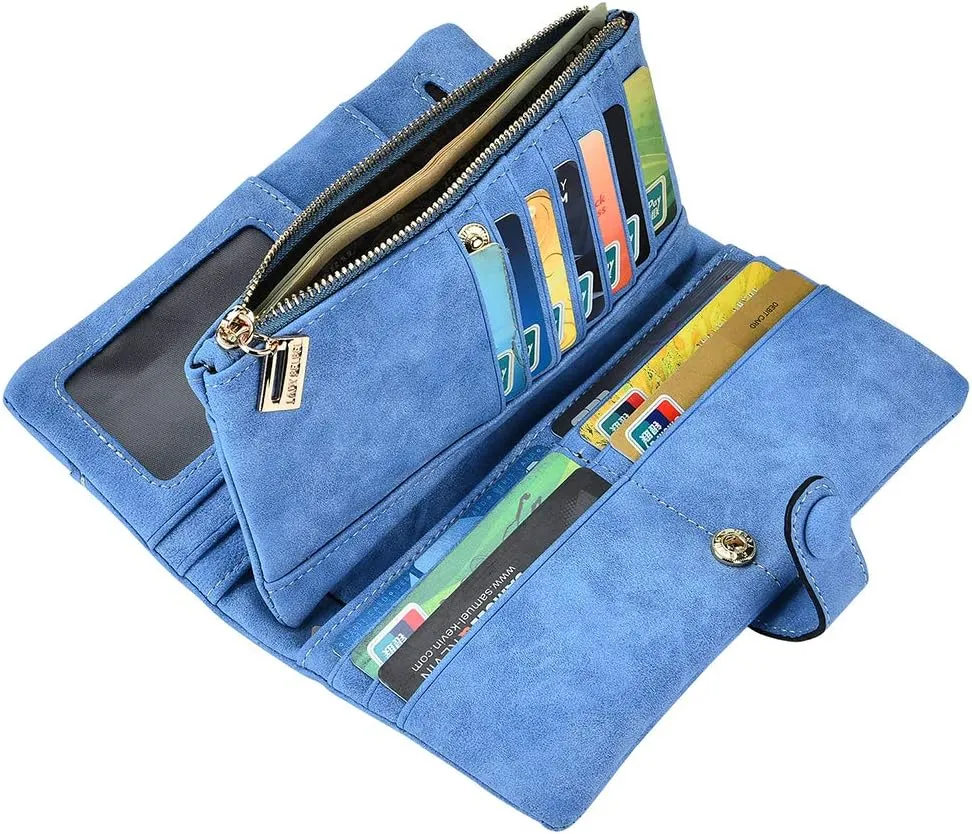 Women Vegan Leather Wallet Bifold Clutch Large Capacity Card Organizer Buckle Long Purse for Girls Candy Color