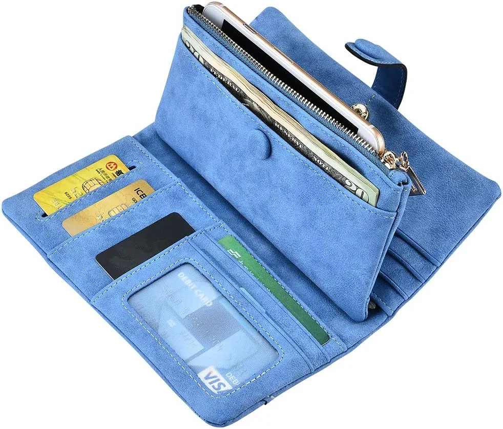 Women Vegan Leather Wallet Bifold Clutch Large Capacity Card Organizer Buckle Long Purse for Girls Candy Color