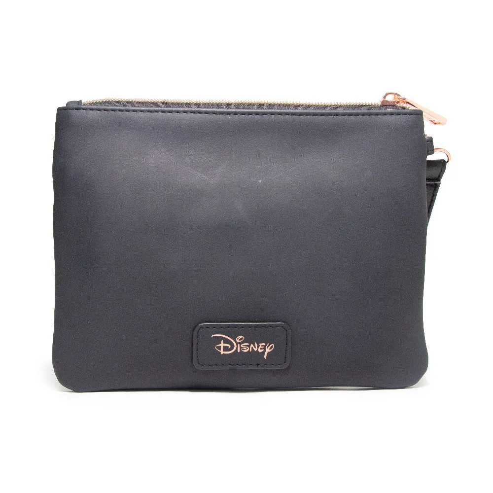 Women's Wallet Double Pocket Wristlet - Mulan Script Debossed Black with Castle Emblem Rose Gold