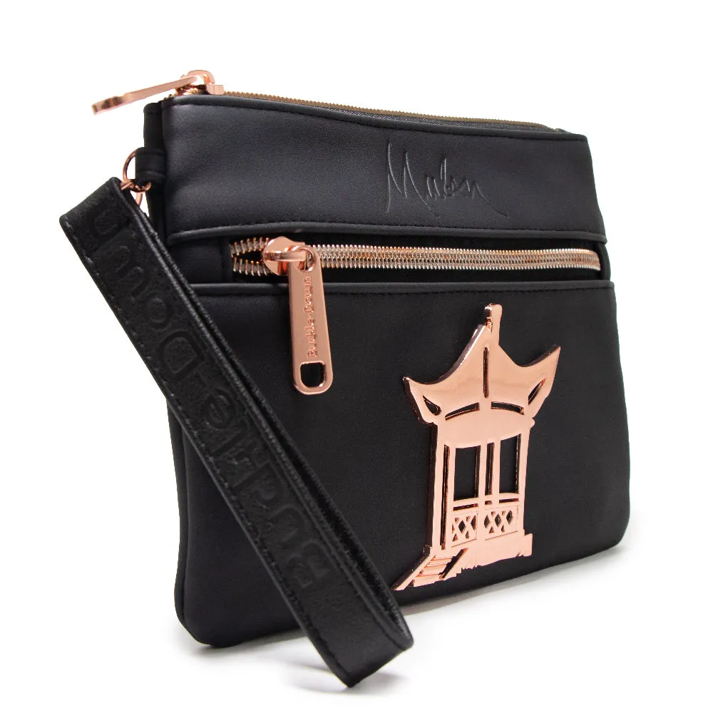 Women's Wallet Double Pocket Wristlet - Mulan Script Debossed Black with Castle Emblem Rose Gold